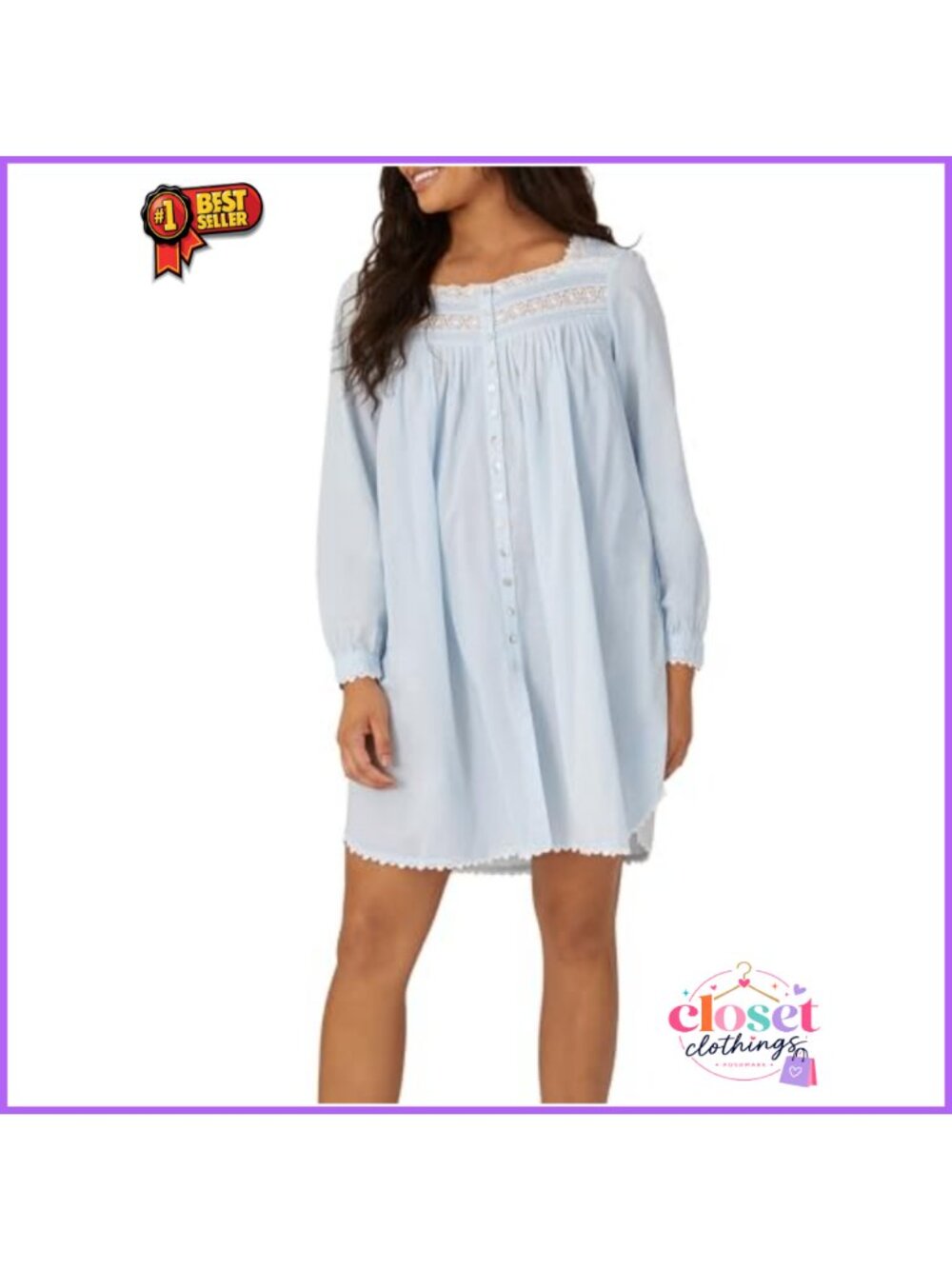 100% Cotton Long Sleeve 36" Short Robe Lace Trim Button Front Sleepwear